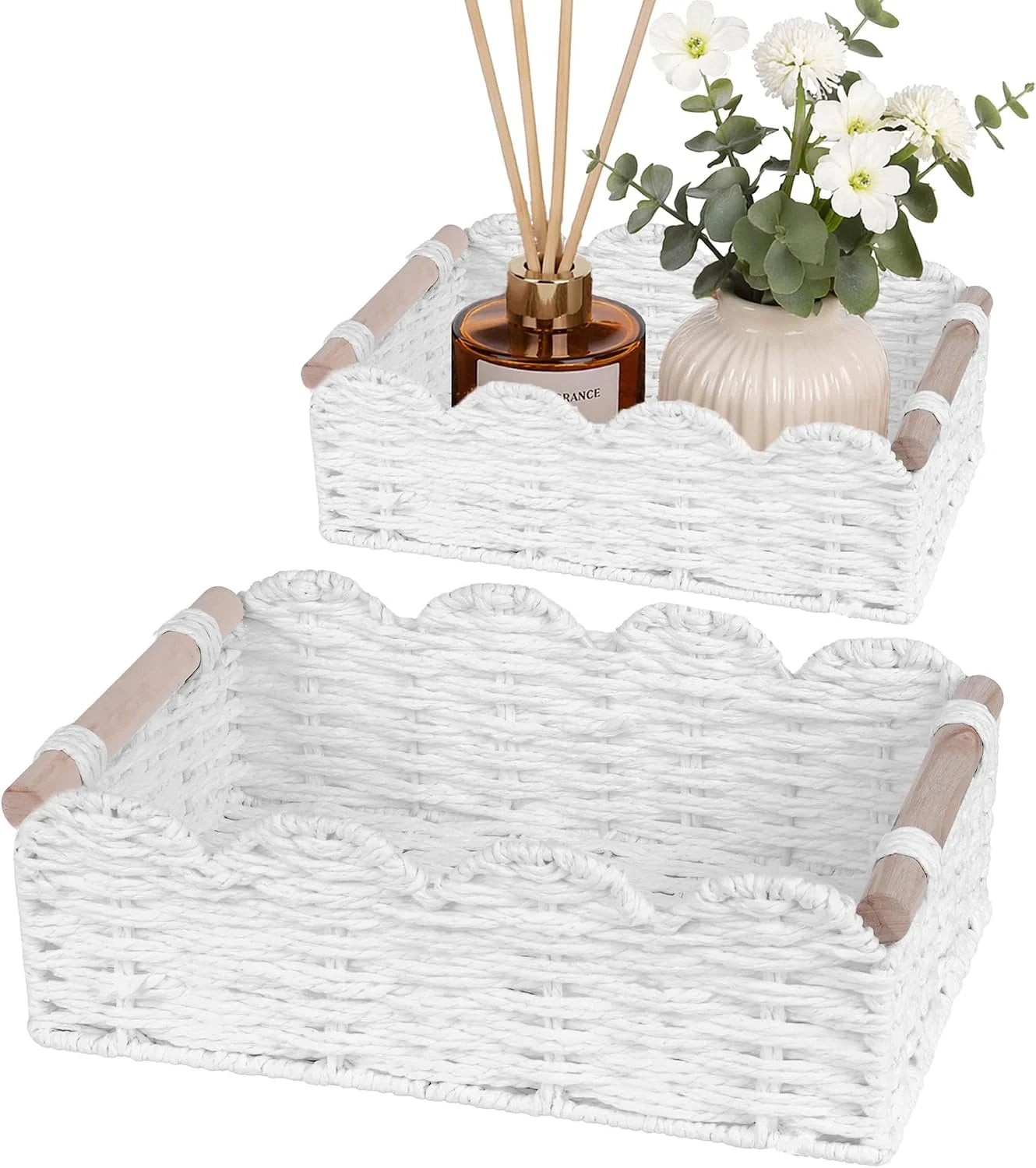 Special Storage Organizing Baskets, Set of 2 Scalloped Edge Wicker Basket with Wooden Handles Toilet Paper - Image 4