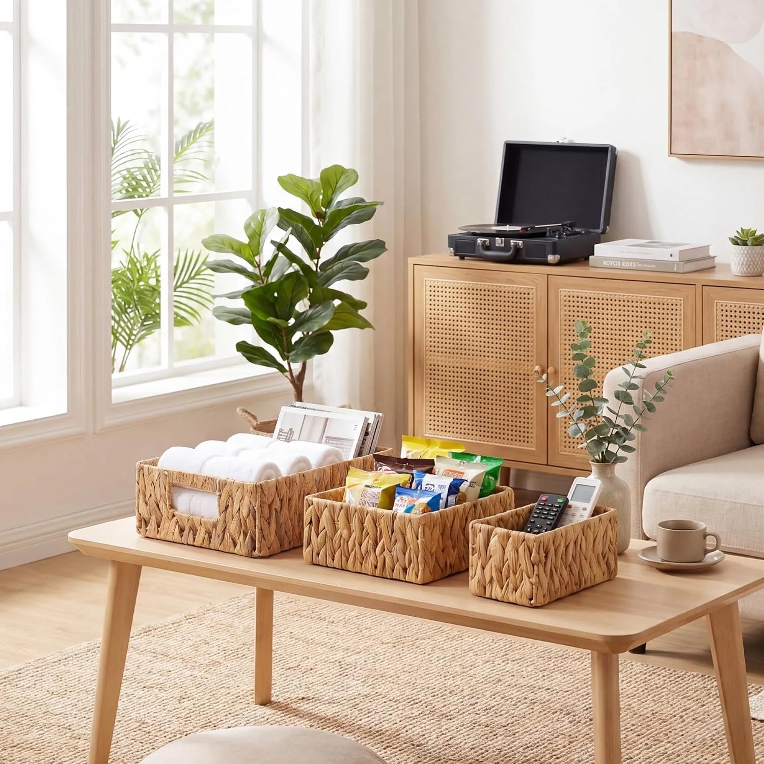 Special Pantry Baskets for Shelves 3 Pack, Rectangular Wicker Basket with Handles, Natural Water Hyacinth - Image 2