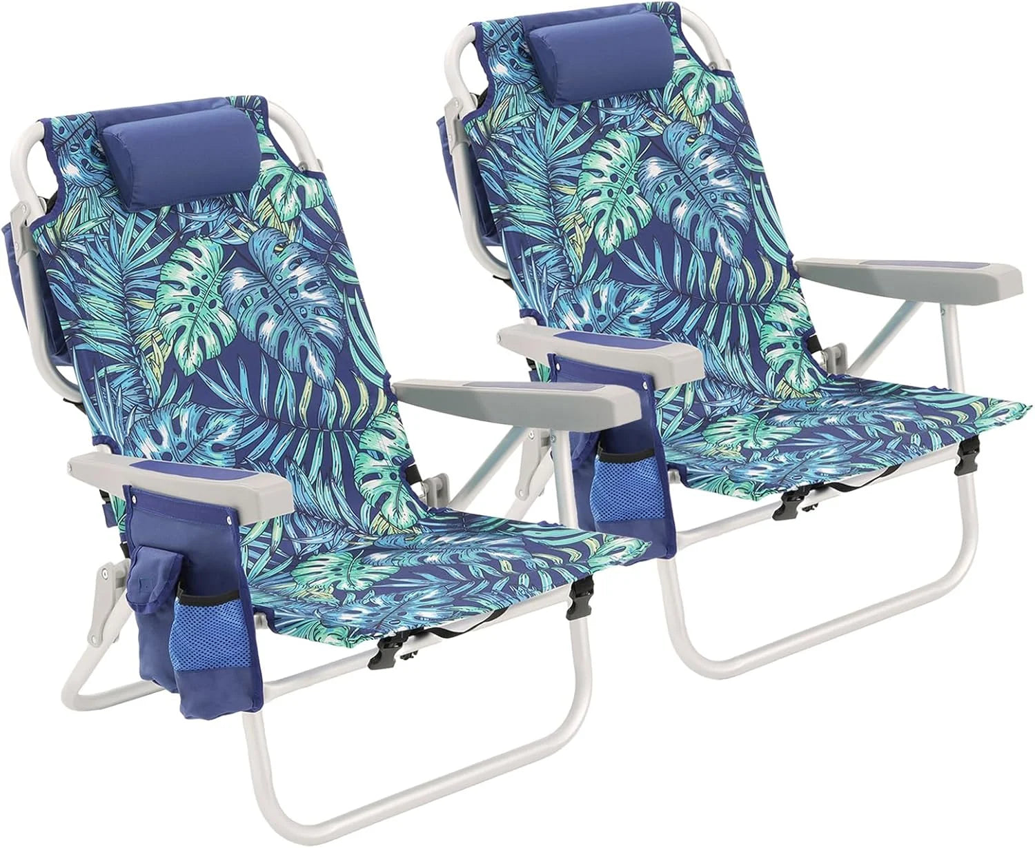 Special Low Beach Chair 2 Pack, 5-Position Lay Flat Reclining, Backpack Portable Folding Chairs with Cooler Bag & Cup - Image 2