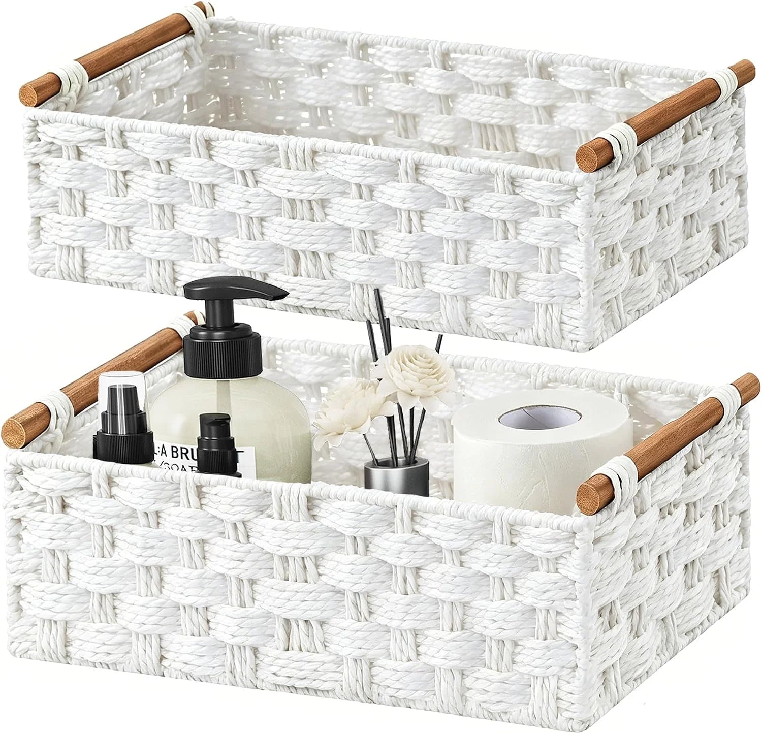 Special Storage Basket, Set of 2 Hand-Woven Paper Rope Wicker Basket for Organizing with Handle Decorative Storage