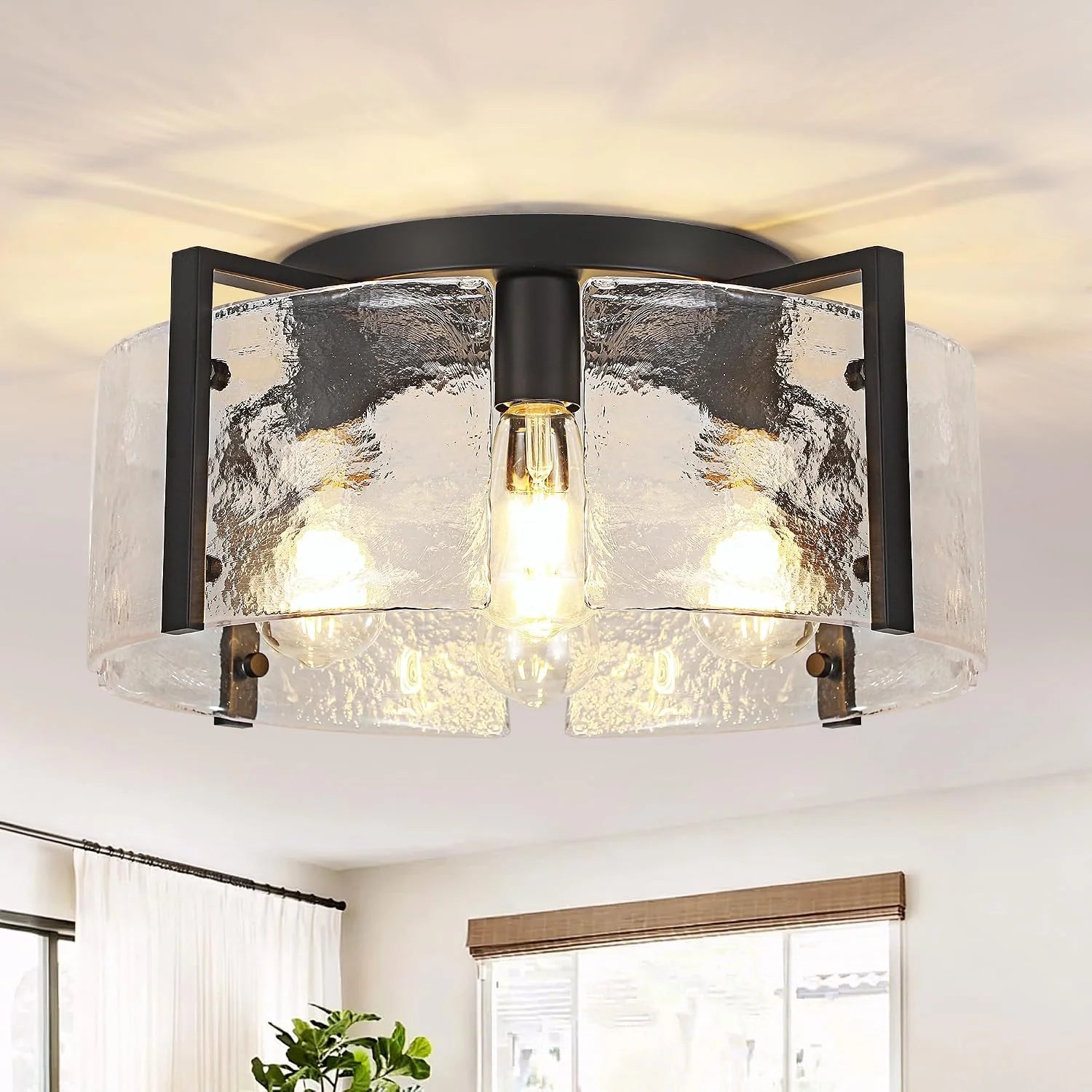 Special Modern Gold Semi Flush Mount Ceiling Light, Dimmable, 3-Light Farmhouse Glass Drum Light Fixture