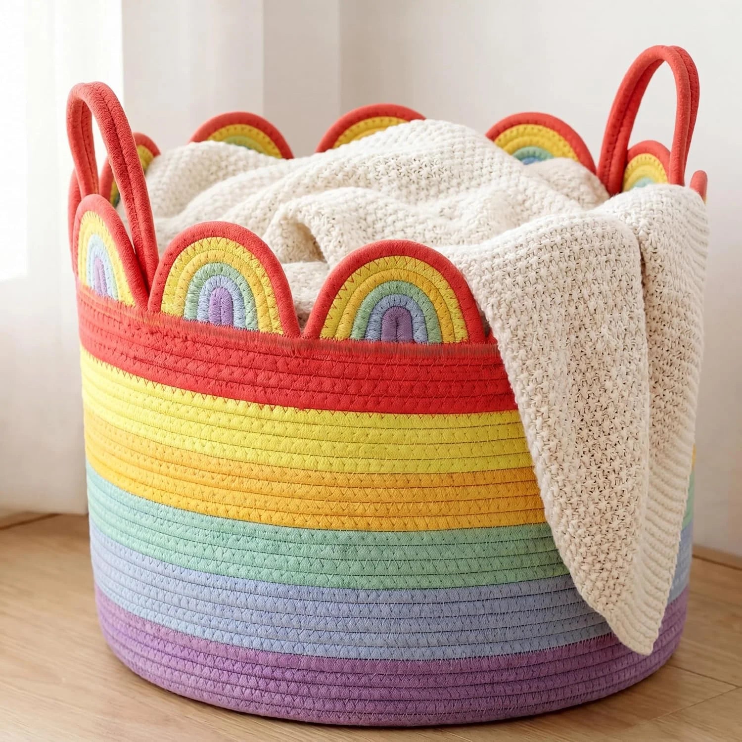 Special Woven Basket Brown, 16 L X 16 W X 14 H, Large Storage for Blankets Toys Laundry, Cotton Rope Scalloped Edge - Image 3