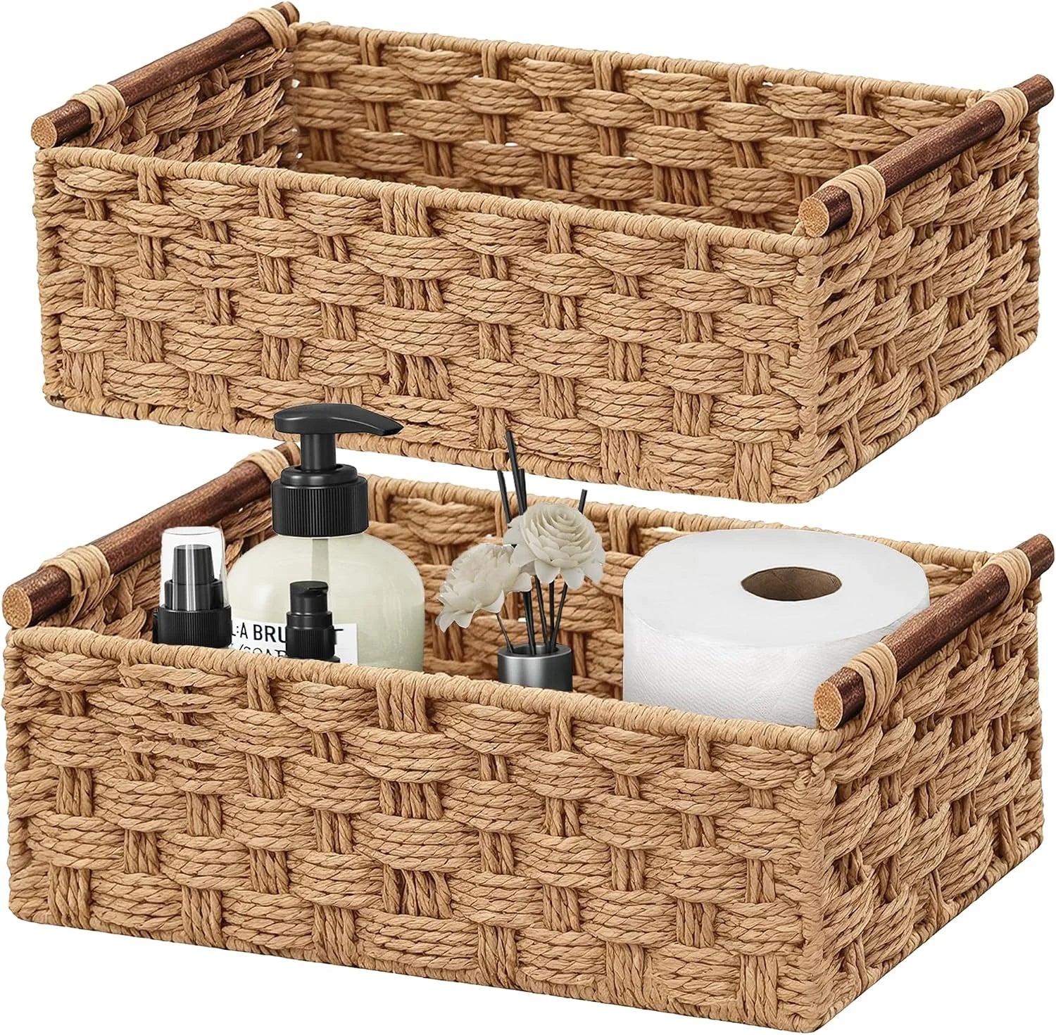 Special Storage Basket, Set of 2 Hand-Woven Paper Rope Wicker Basket for Organizing with Handle Decorative Storage - Image 5