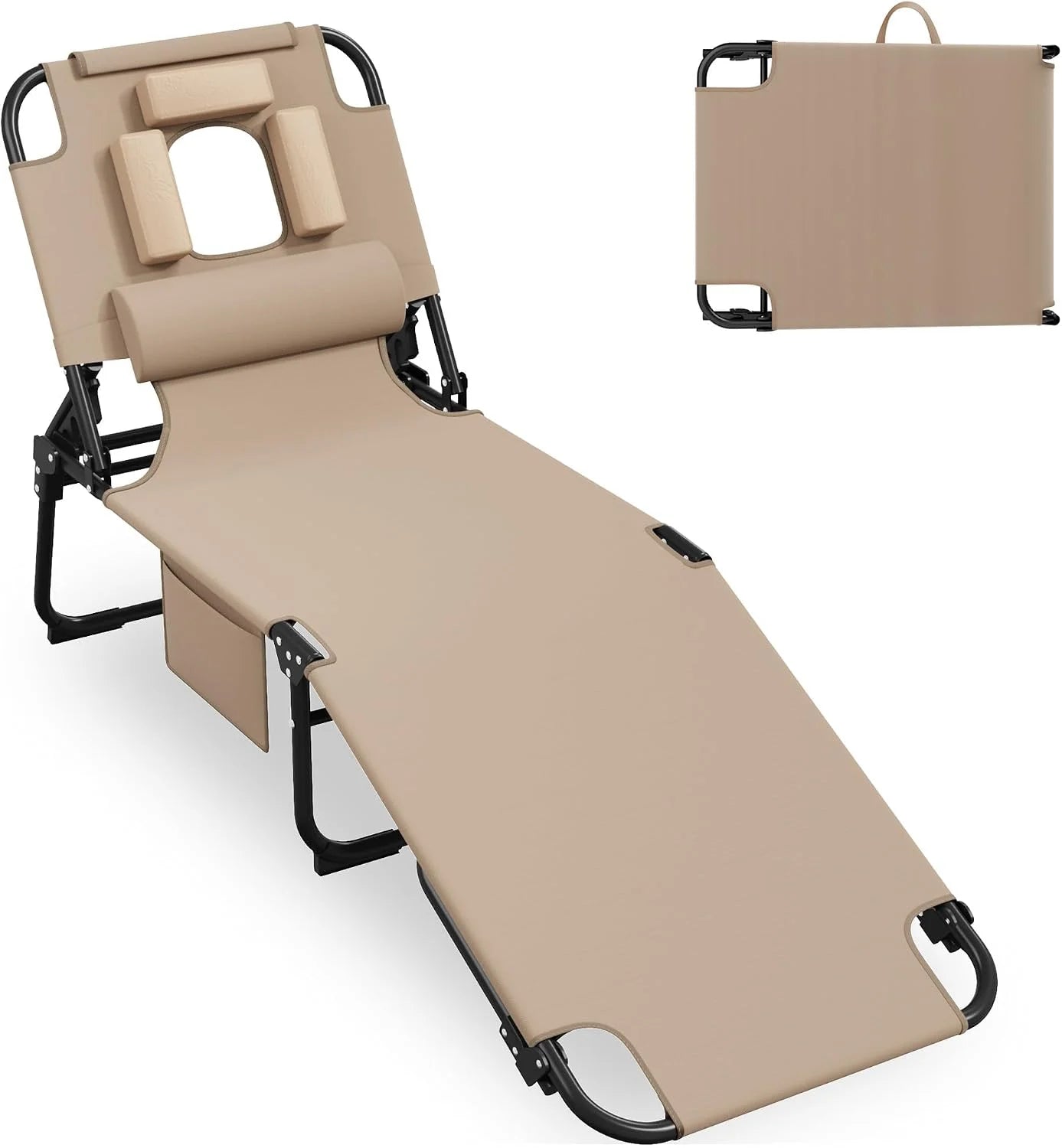 Special 400lbs Tanning Chair with Face Hole, 5-Position Folding Chaise Lounge Chair with Side Pockets - Image 2