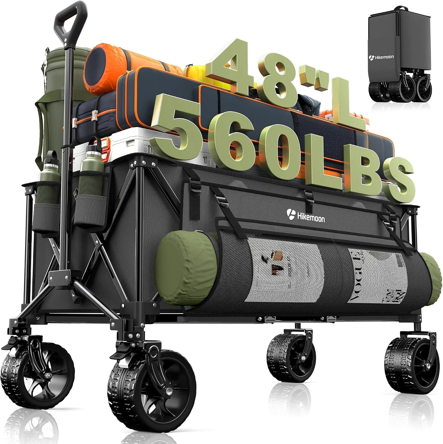 Special HIKEMOON 48" Extra Large Collapsible Wagon with Big Wheels, 300L Black