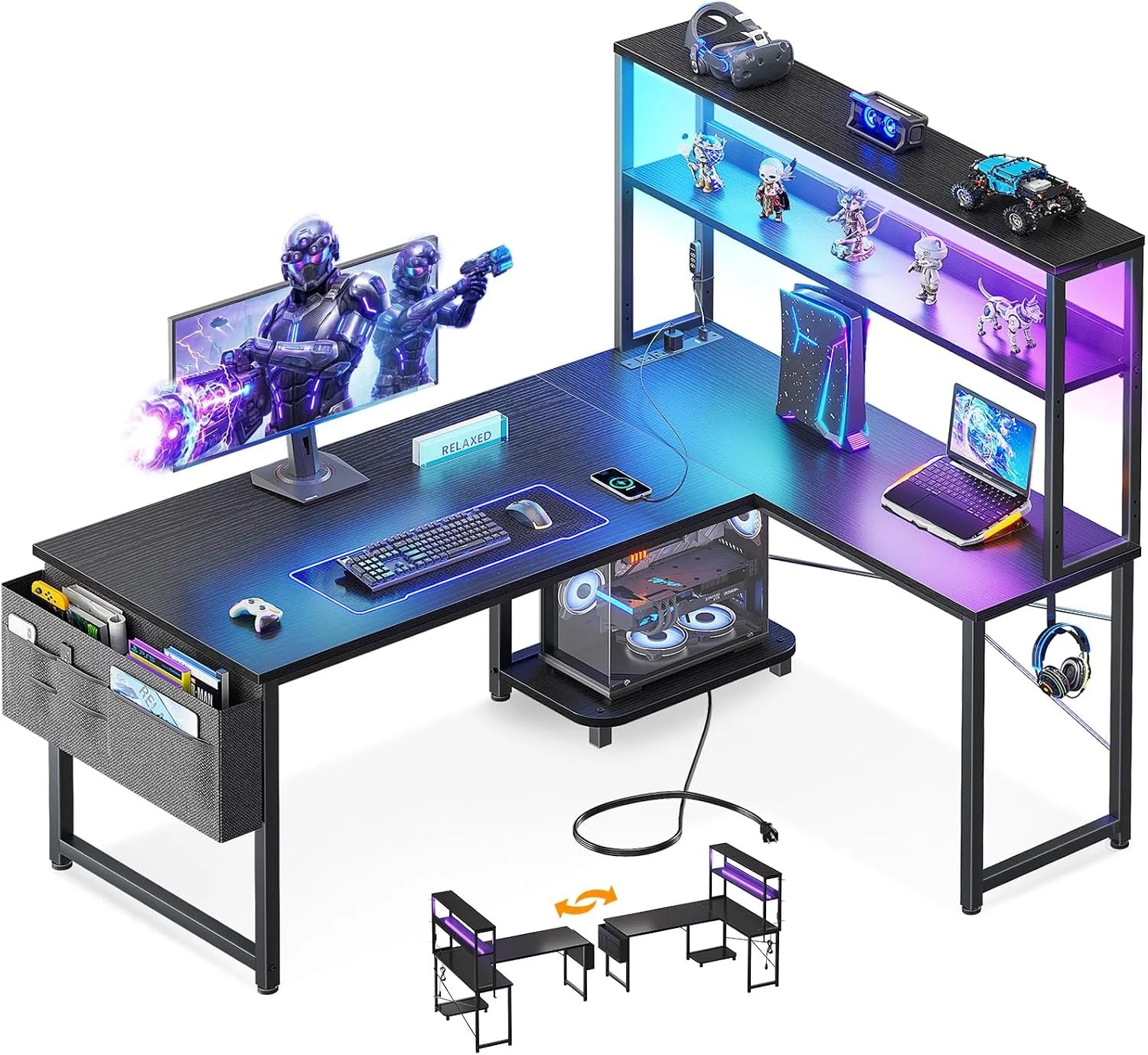 Special 53 L Shaped Gaming Desk with Shelves, LED & Outlets - Image 4