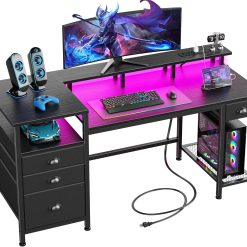 Special Furologee 60 Black Computer Desk with 4 Drawers and Printer Space, Gaming Desk with LED Lights and USB Power Outlets