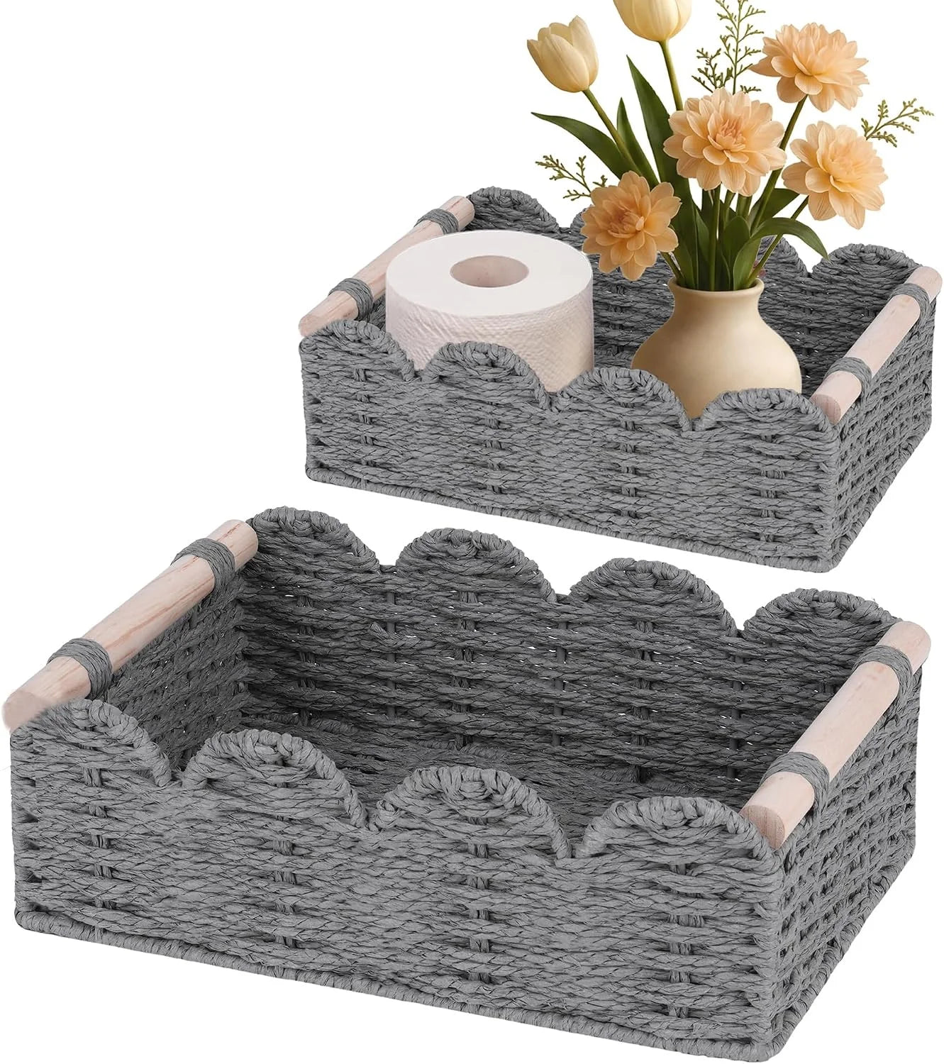 Special Storage Organizing Baskets, Set of 2 Scalloped Edge Wicker Basket with Wooden Handles Toilet Paper - Image 5