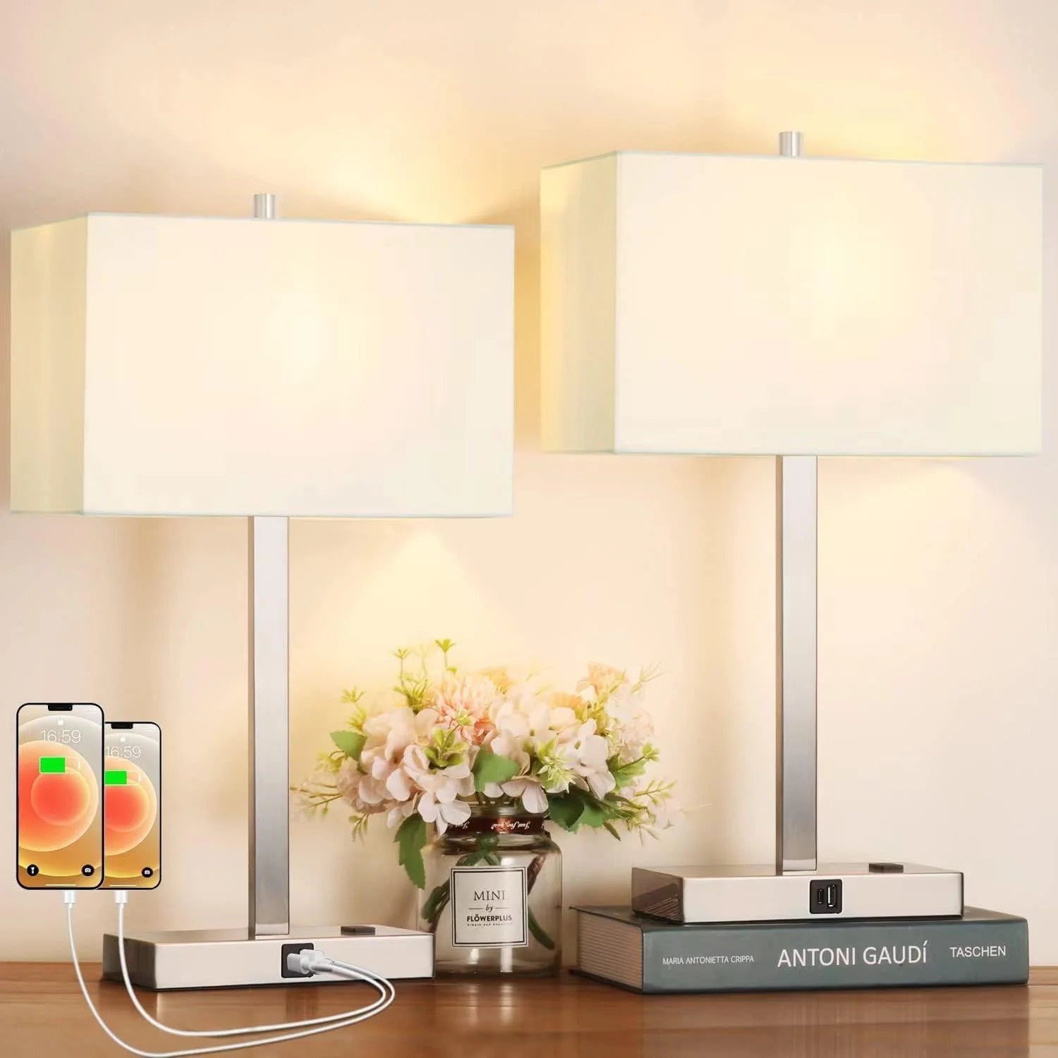 Special Touch Bedside lamps with 2 USB & AC Outlets, Dimmable, Bulb Included - Image 20