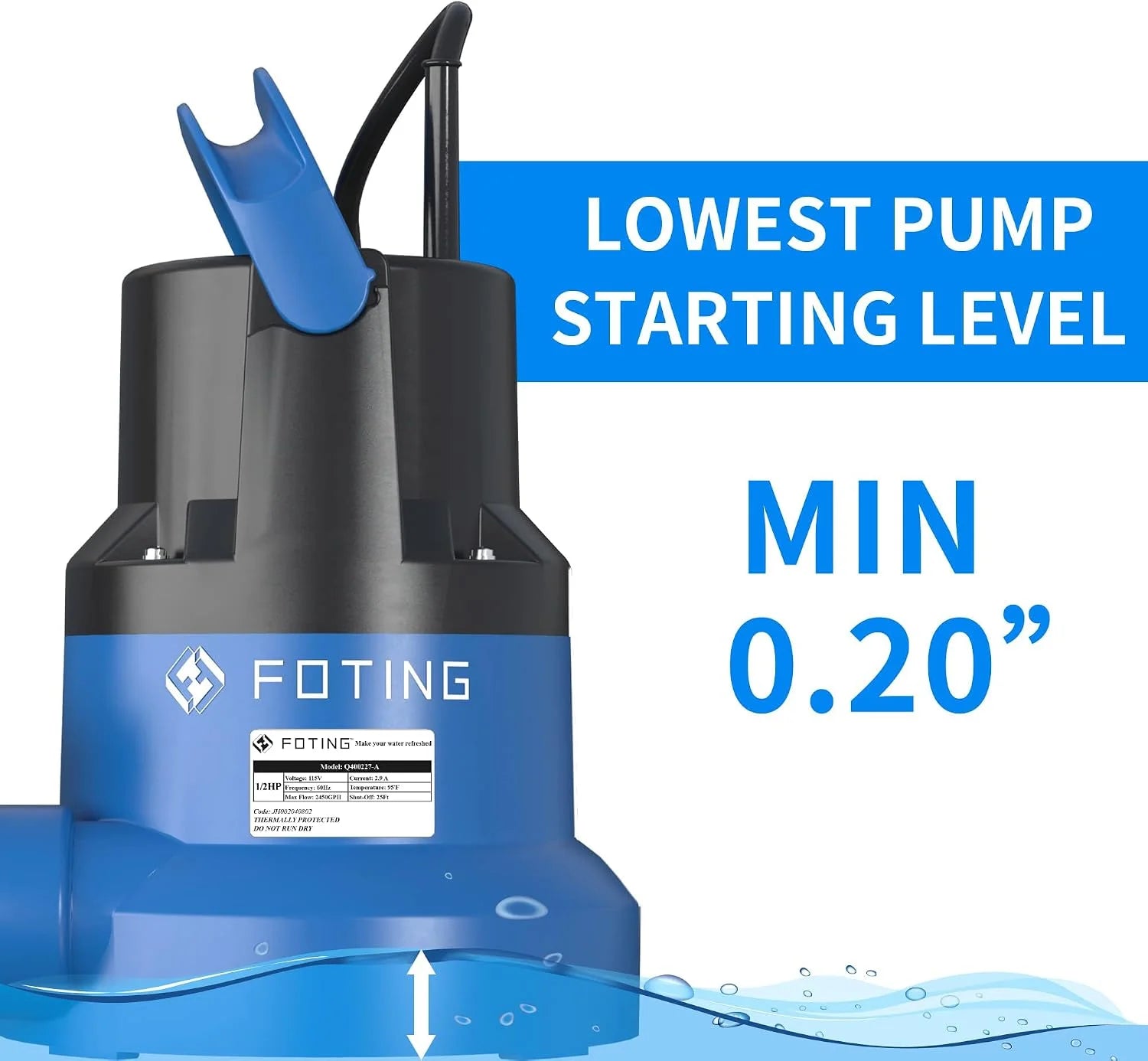 Special 1/2HP Submersible Water Pump with Stainless Steel Base, Removes Water to 0.04 Depth, 2450GPH Portable Sump Pump - Image 9