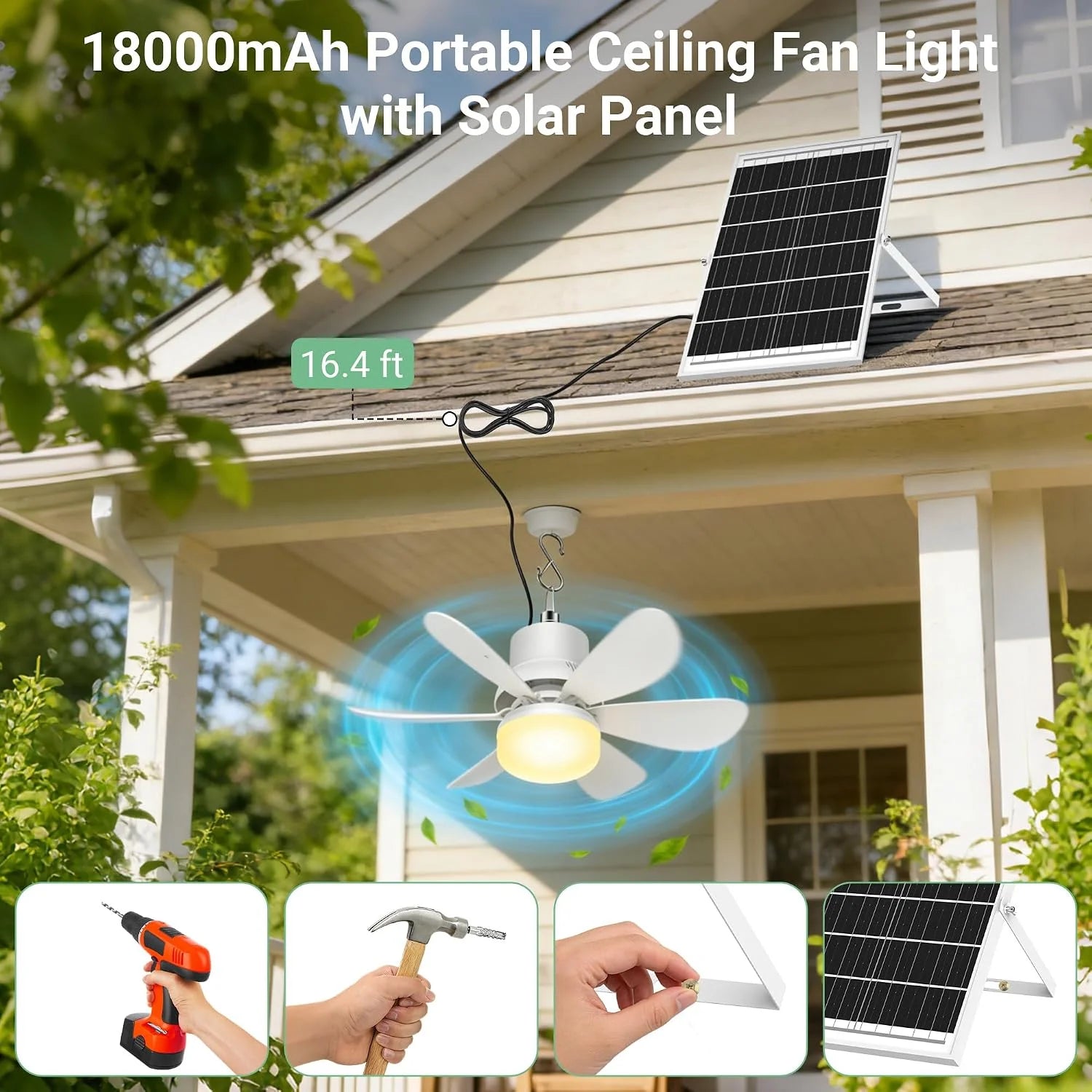 Special Fan for Gazebo with Light, 18000mAh Rechargeable Solar Powered Patio Ceiling Fan with Remote - Image 2