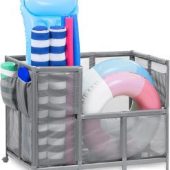 Special Coast Modern Pool Organizer for Floats and Toys – Extra Large Mesh Pool Storage Bin for Outdoors – Gray