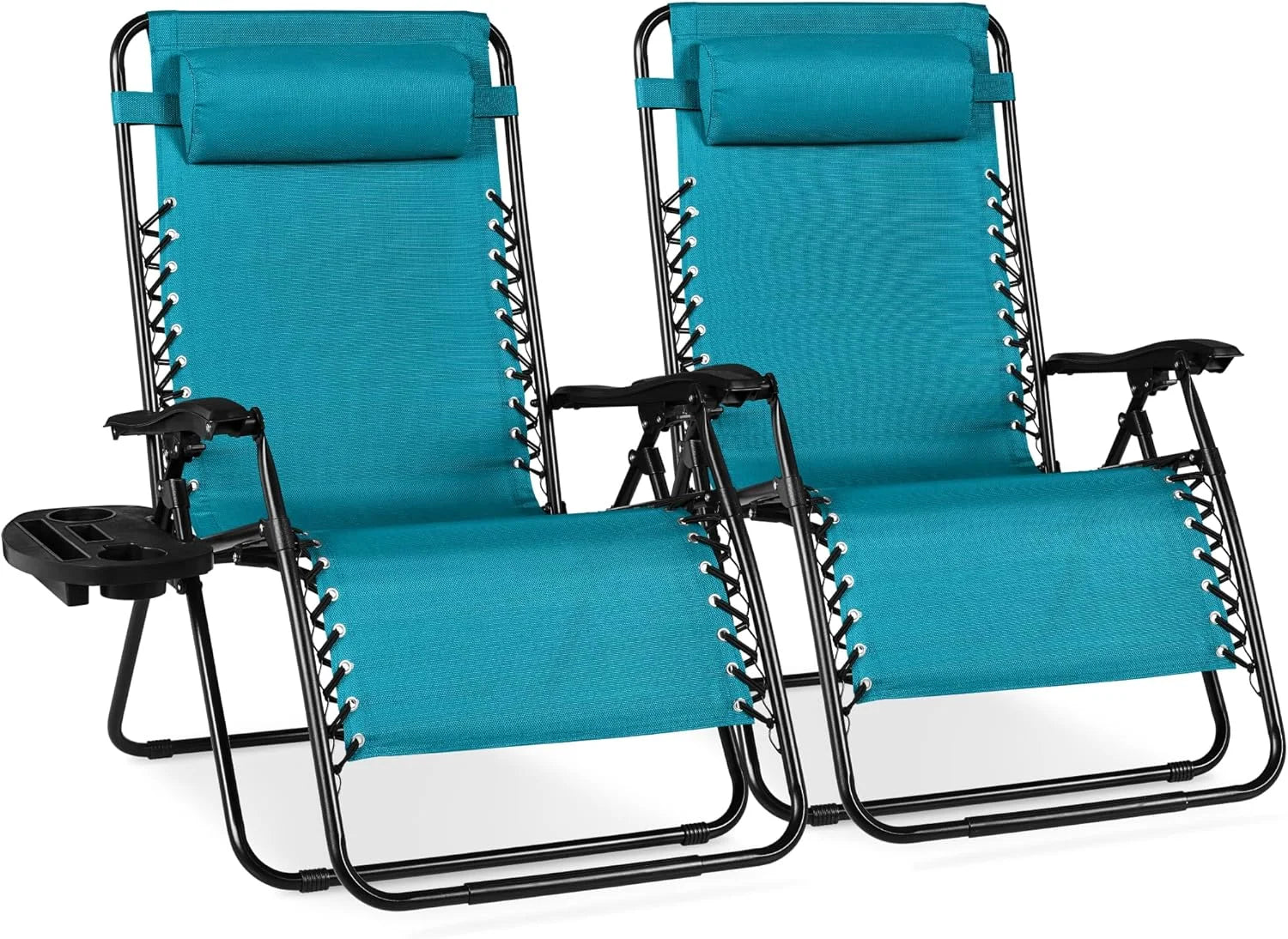 Special Choice Products Set of 2 Adjustable Steel Mesh Zero Gravity Lounge Chair Recliners w/Pillows and Cup Holder Trays - Image 3
