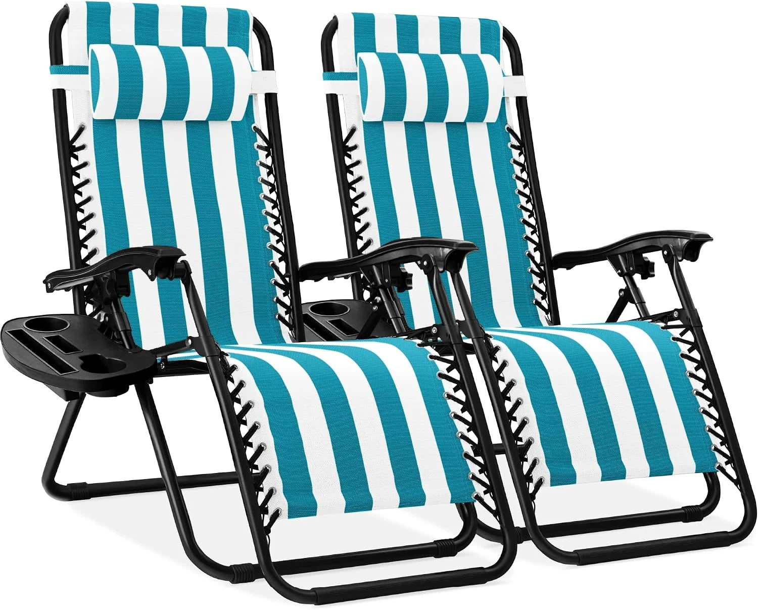 Special Choice Products Set of 2 Adjustable Steel Mesh Zero Gravity Lounge Chair Recliners w/Pillows and Cup Holder Trays - Image 6