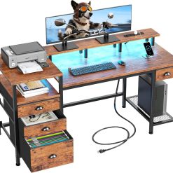 Alternative view of Special Furologee 60 Black Computer Desk with 4 Drawers and Printer Space, Gaming Desk with LED Lights and USB Power Outlets
