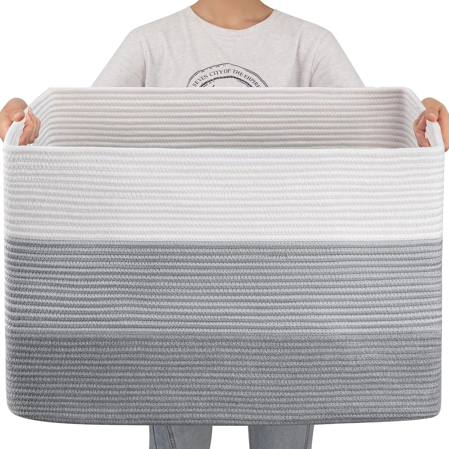 Special Blanket Basket, 25”x16”x16”(108L) Rectangle Woven Storage Baskets, Cotton Rope Basket For Living Room - Image 5