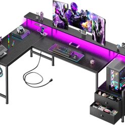 Alternative view of Special 66” L Shaped Gaming Desk with Drawers and Storage Shelves, Reversible Corner Desk with Power Outlets and Host