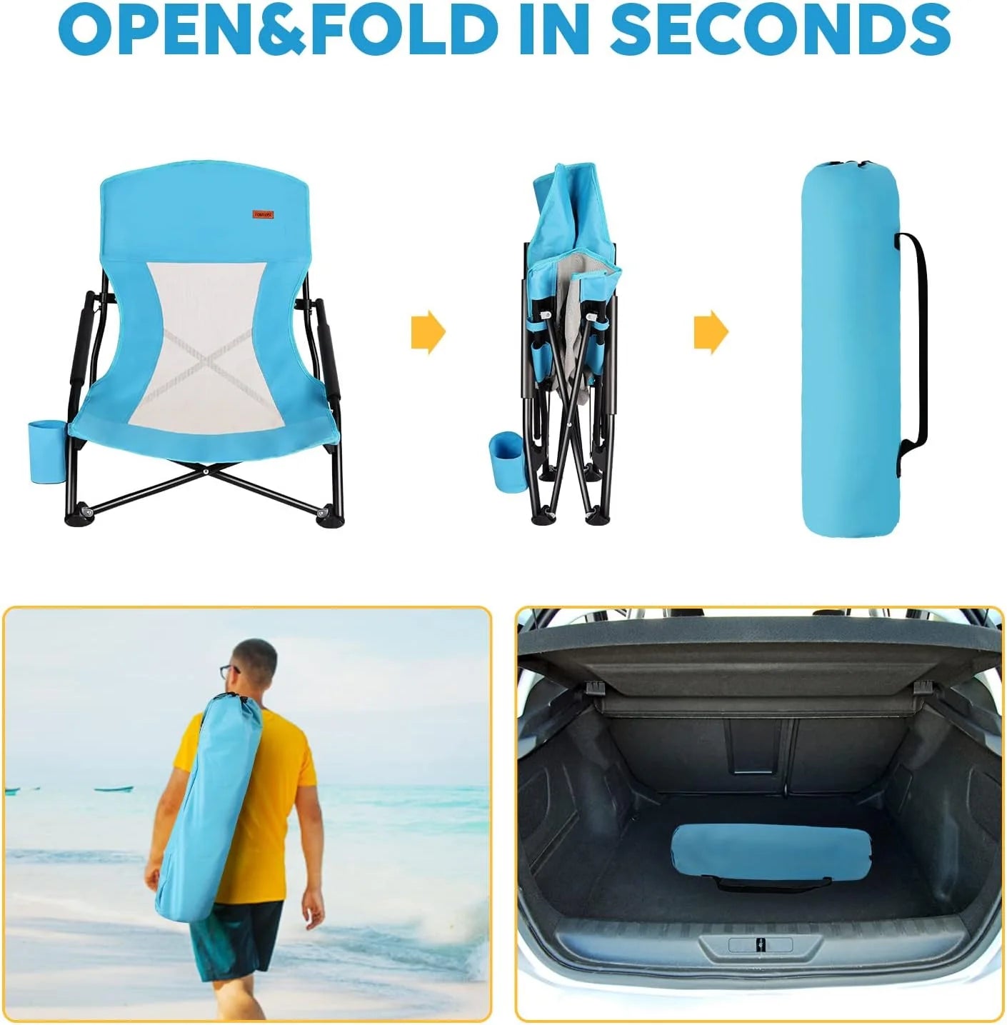Special Low Beach Chair for Adults 2 Pack, Low Profile Folding with Cup Holder & Carry Bag, Heavy Duty Chair for Outdoor - Image 6