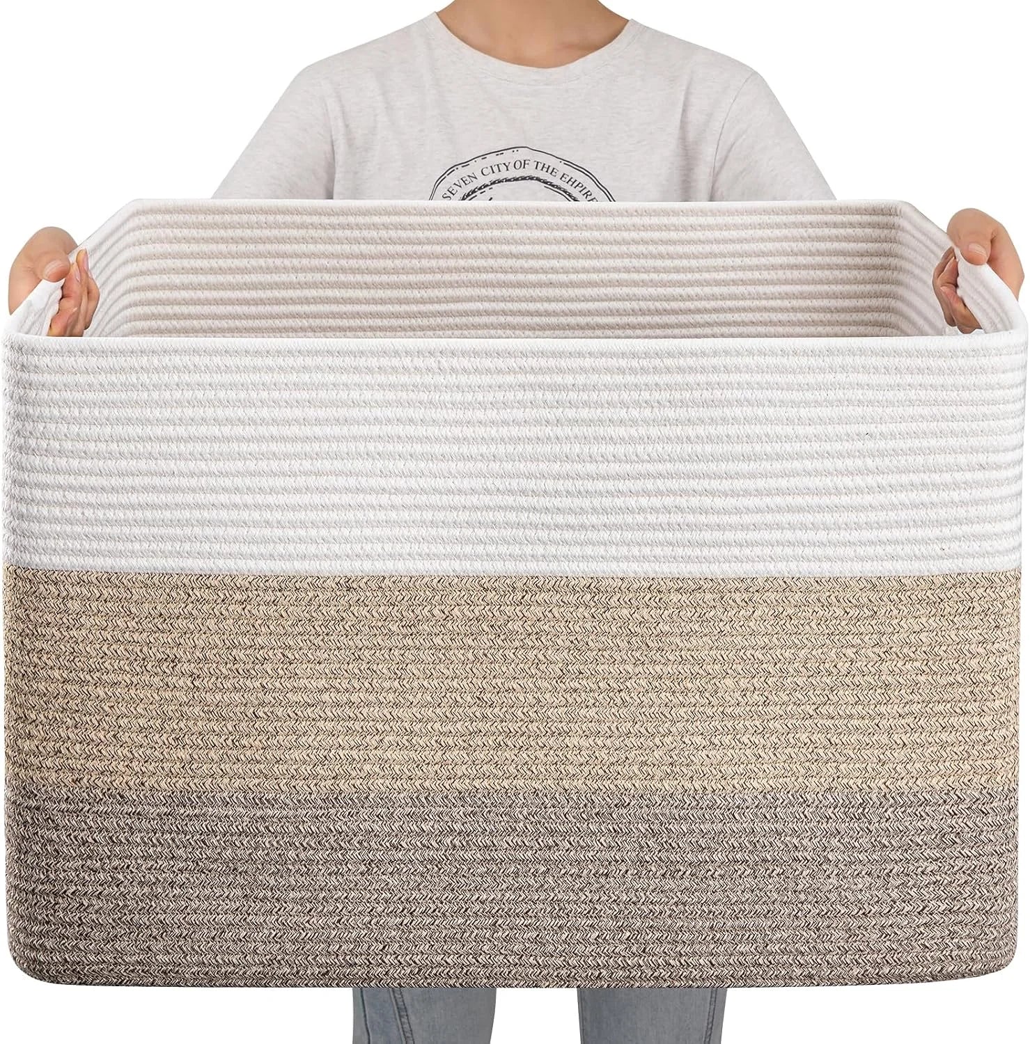 Special Blanket Basket, 25”x16”x16”(108L) Rectangle Woven Storage Baskets, Cotton Rope Basket For Living Room