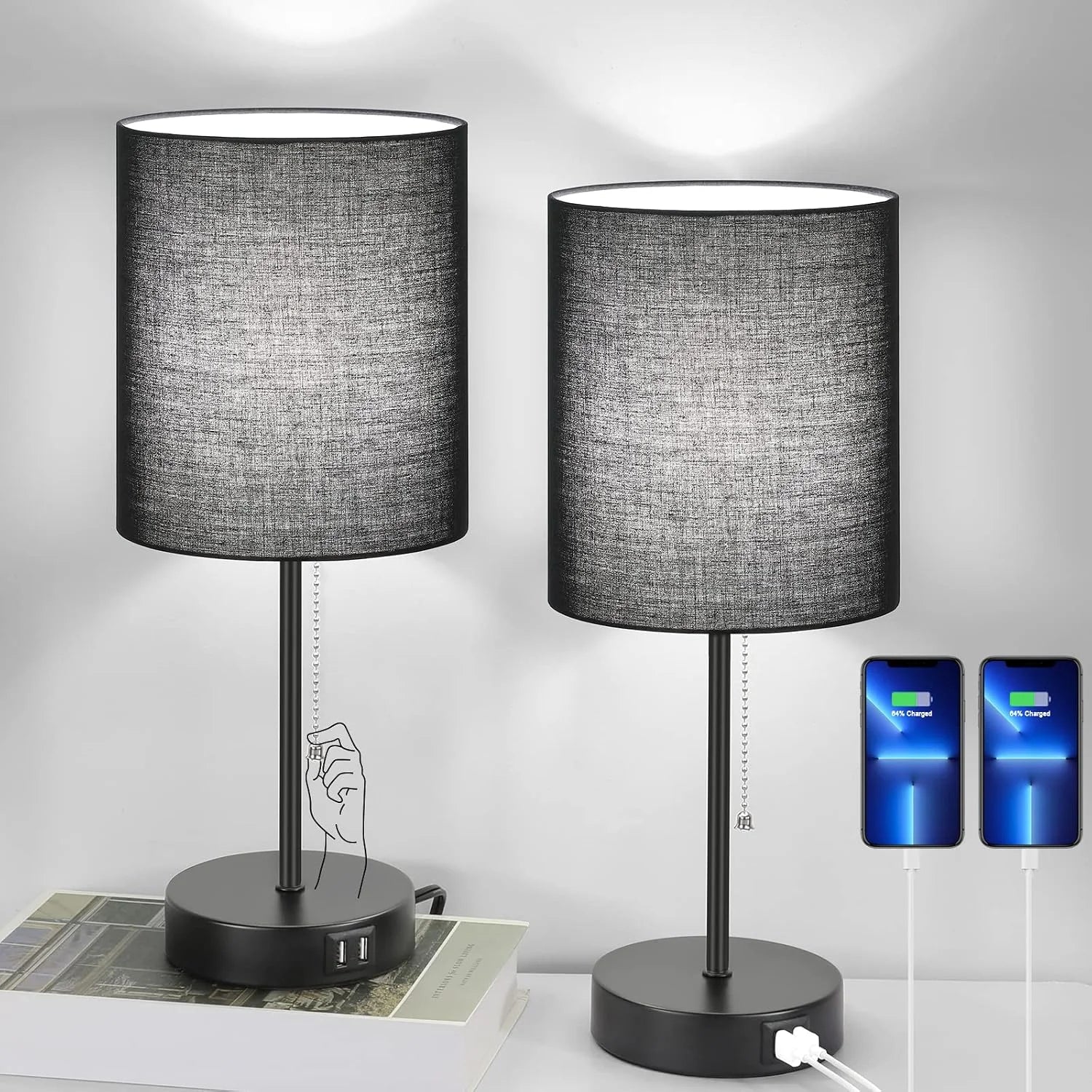 Special 17.3" Table Lamps Set of 2 with 2 USB & AC Outlet, Pull Chain - Image 3