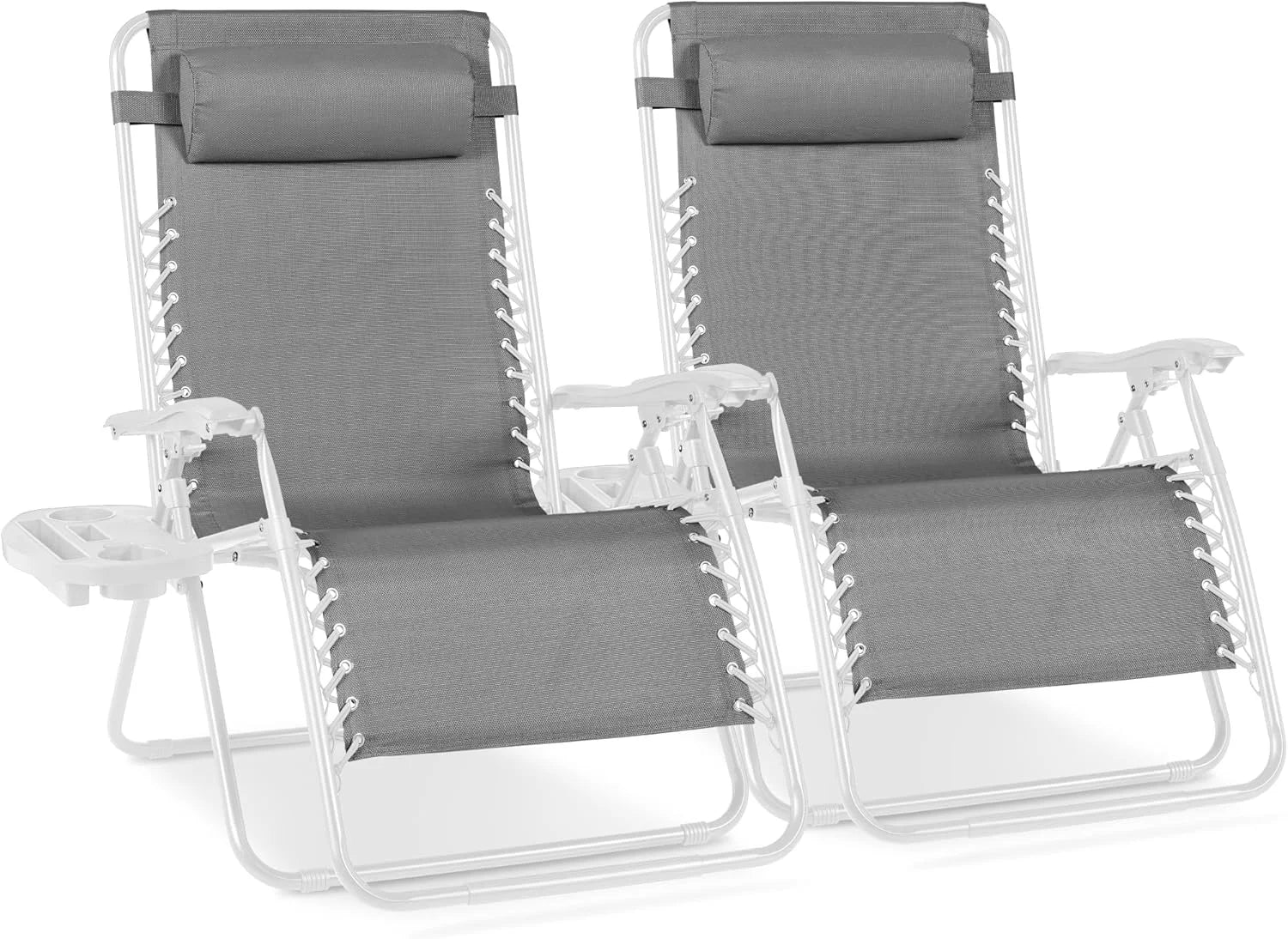 Special Choice Products Set of 2 Adjustable Steel Mesh Zero Gravity Lounge Chair Recliners w/Pillows and Cup Holder Trays - Image 51