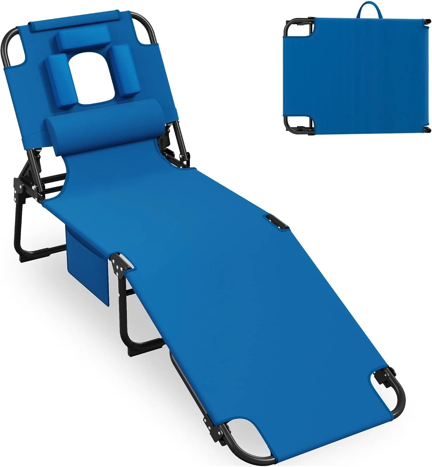 Special 400lbs Tanning Chair with Face Hole, 5-Position Folding Chaise Lounge Chair with Side Pockets